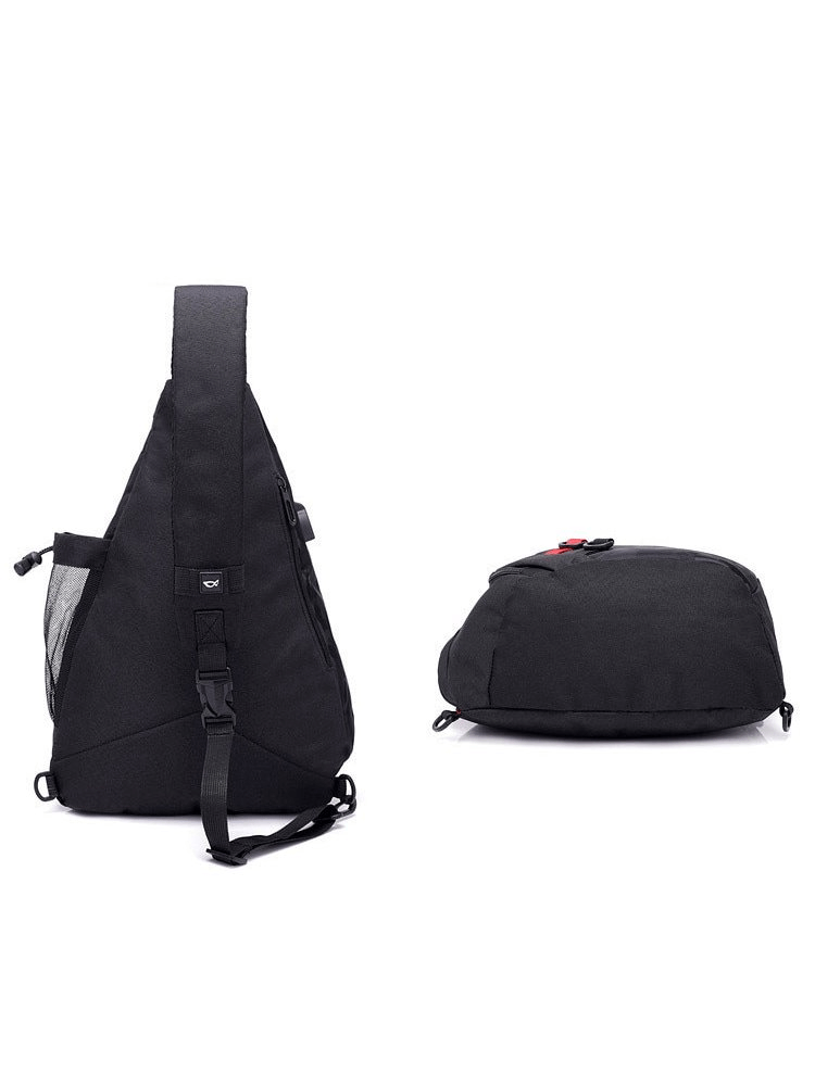 Black crossbody bag with adjustable strap, shown from side and top view.